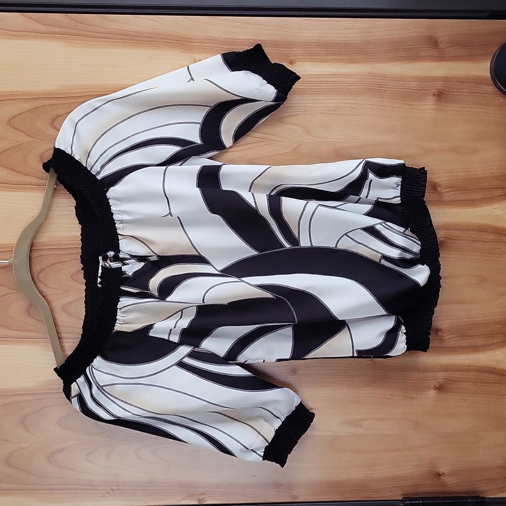 White House Black Market Black and White Off-Shoulder Blouse